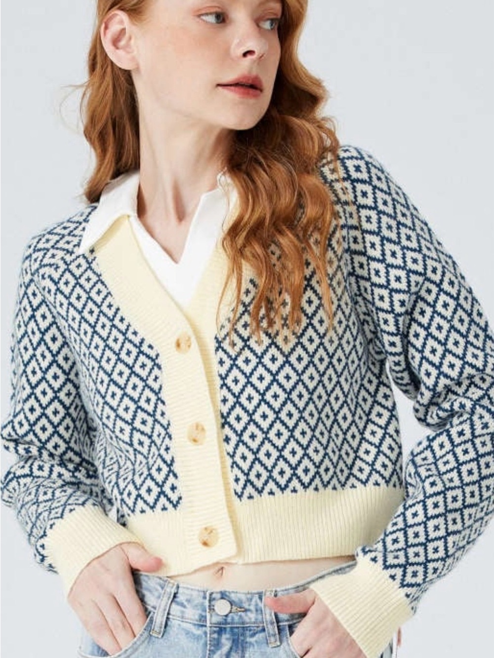 Cider Cream and Navy Diamond Knit Cropped Cardigan Sweater medium